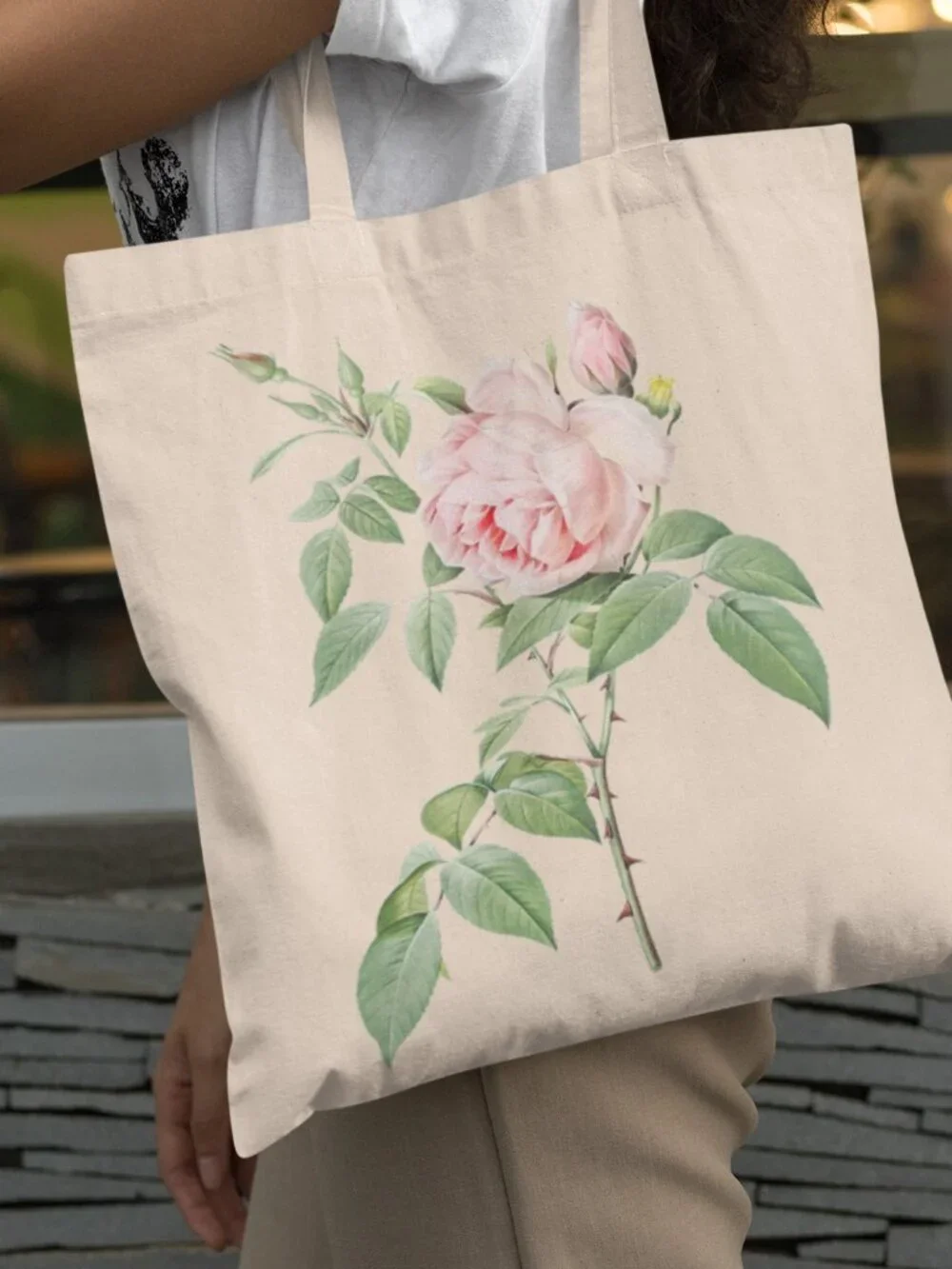 Fragrant Rosebush Vintage Floral Print Graphic Canvas Tote Bag